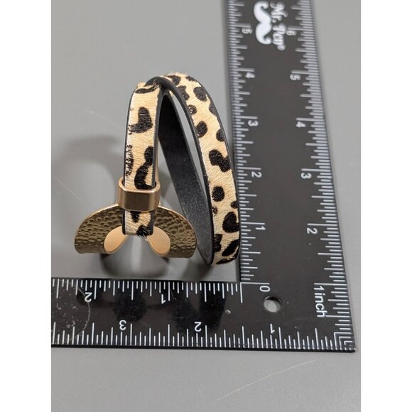 Cheetah Animal Print Faux Fur Gold Tone Hammered Wrap Bracelet 14 inch Boho - Picture 14 of 15